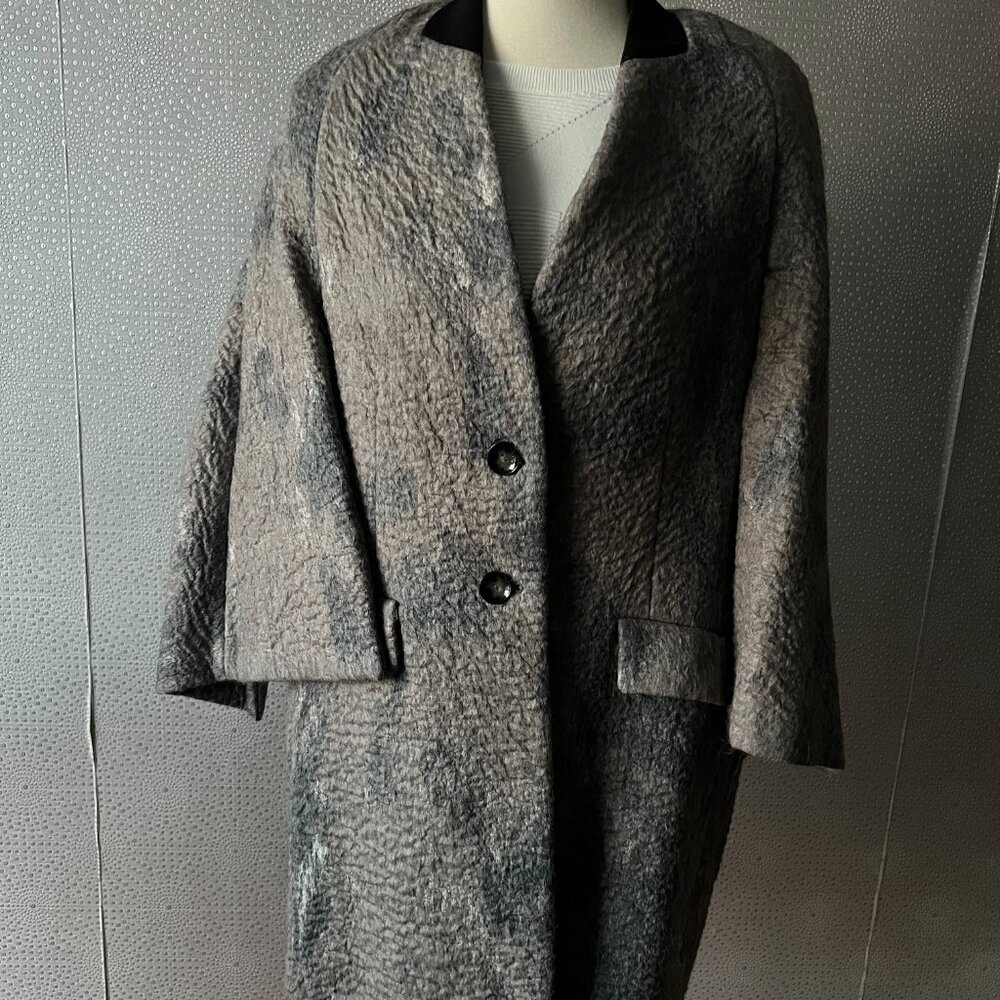 Malloni Womens Gray Textured Leather Flap Pockets Split Sleeve Designer Overcoat